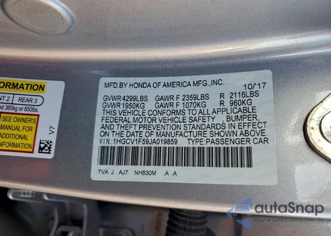 2018 Honda Accord Exl from USA, damaged, VIN 1HGCV1F59JA019859